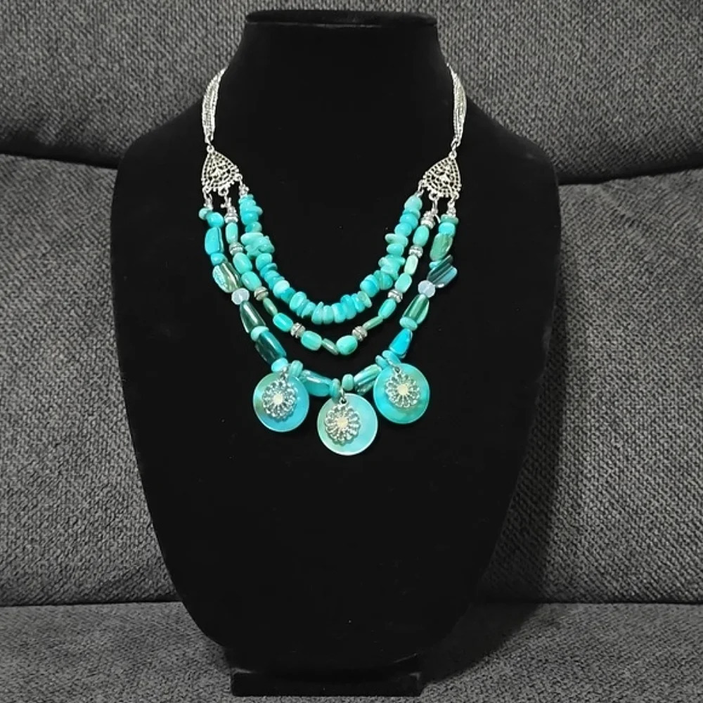 NEW Blue Turquoise Multi Strand Tiered Statement Necklace, Boho, Southwestern - Picture 6 of 12